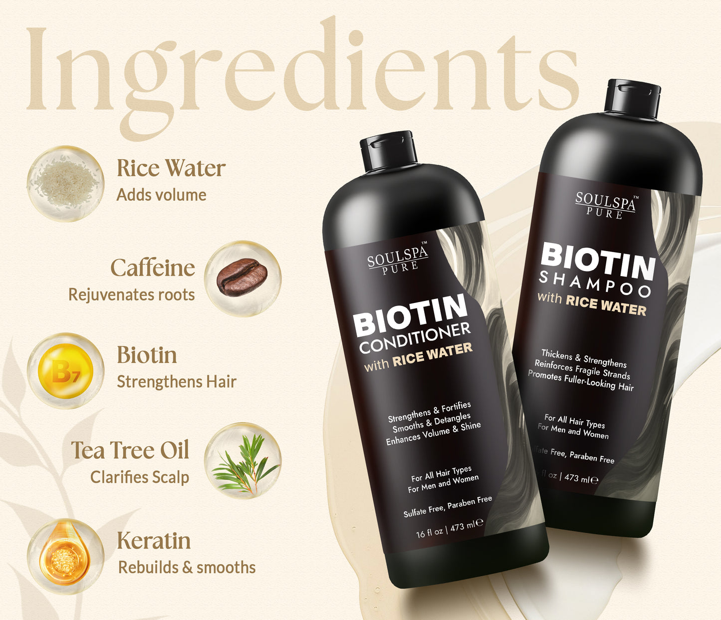 Biotin Shampoo and Conditioner Set with Rice Water & Rice Protein